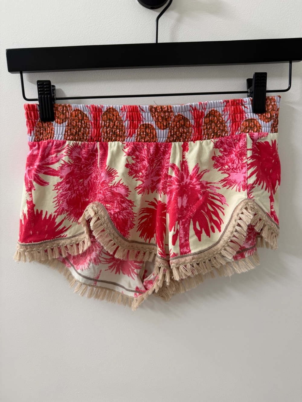 Maaji Pink Palm Print Fringe-Trim Shorts